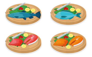 Cut up tuna fish roll and salmon minnow on wooden kitchen board concept isolated on white, cartoon vector illustration.