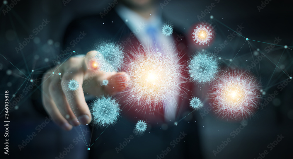 Poster Man analyzing coronavirus with digital holographic projection close-up 3D rendering