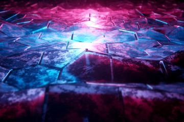 Blue and pink glowing hexagons background pattern on textured metallic surface 3D rendering