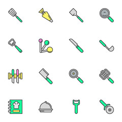 Kitchen appliances line icons set, outline vector symbol collection, linear style pictogram pack. Signs, logo illustration. Set includes icons spatula, soup ladle, cookbook, knife, pizza cutter, tray