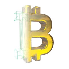 Bitcoin sign, the green grid turns into gold on white background. 3D illustration