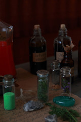 magic ritual with runes and pentagram and magical attributes