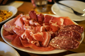 Close up dish of Antipasto prosciutto ham and salami