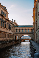 Beautiful facades of historical buildings in Saint Petersburg, deserted streets of the city