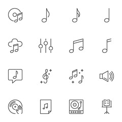 Sound, music line icons set, outline vector symbol collection, linear style pictogram pack. Signs, logo illustration. Set includes icons as musical note, compact disk, equalizer, vinyl, dj mixer