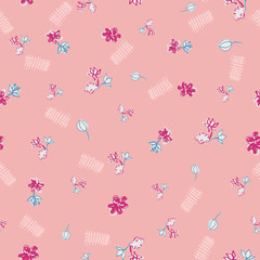 Pink ditsy floral doodle seamless vector pattern. Girly surface print design. For botanical fabrics, cute stationery, sweet wrapping paper, and cosmetics packaging.