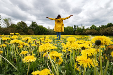 Portrait of a beautiful woman on a field of flowering dandelions.