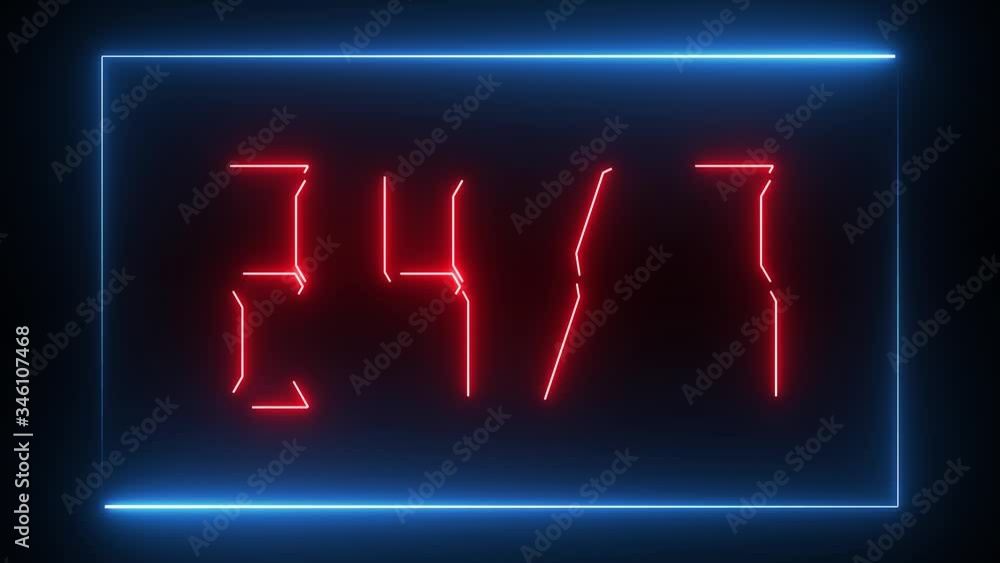 Poster neon elements in changing colors - 24 hours 7 days sign drawn in a rectangular frame on black backgr