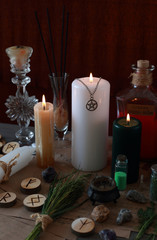 magic ritual with runes and pentagram and magical attributes