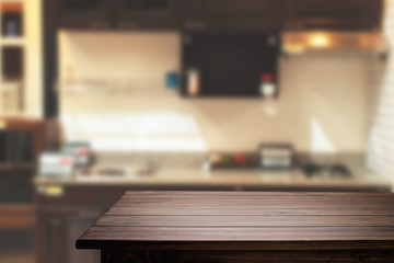 Wood desk space and blurred of kitchen background. for product display montage. business presentation.