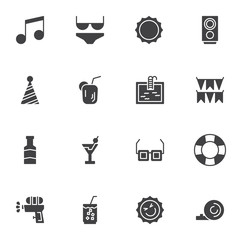 Summer holiday vector icons set, modern solid symbol collection, filled style pictogram pack. Signs, logo illustration. Set includes icons as party hat, cocktail drink, sun, bikini swimsuit
