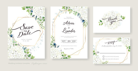 Fototapeta Wedding Invitation, save the date, thank you, RSVP card Design template. Vector. White Hydrangea flowers with greenery. Watercolour style. obraz