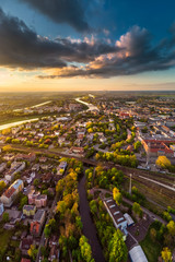 Opole, aerial view of Old Town and Oder river. Poland, spring day. Drone shot on sunset time.