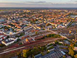 Opole, aerial view of Old Town and Oder river. Poland, spring day. Drone shot on sunset time.