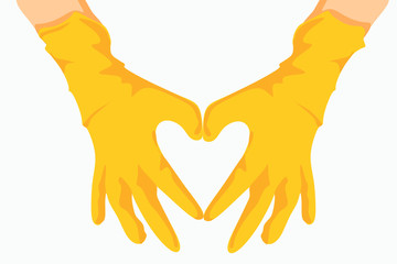 Hands in the shape of a heart. Human hands in yellow latex gloves show a vector illustration of the heart symbol. Isolated on a white background. Motivated the gesture of the hands