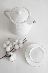 porcelain teapot with coffee pair and cotton flower