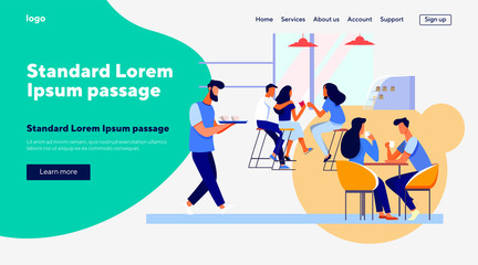 Coffee shop interior vector illustration. Young men and women drinking coffee at tables or counter. Modern cafe image for canteen or catering concept