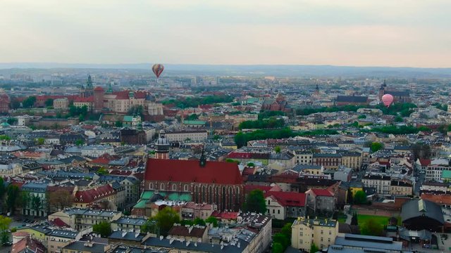 Hot air balloons flying over Cracow, Krakow, Poland, Polska (drone footage)