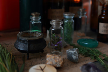 magic ritual with runes and pentagram and magical attributes