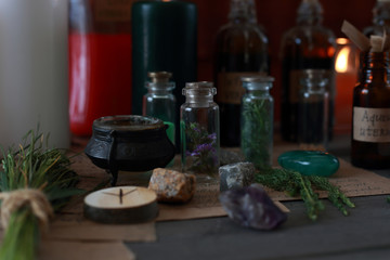 magic ritual with runes and pentagram and magical attributes