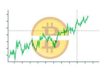 Vector image of bitcoin in two halves over an upwards chart - bitcoin gains, increase or profit