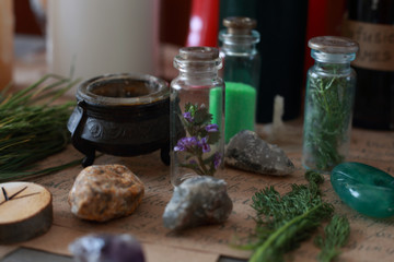 magic ritual with runes and pentagram and magical attributes