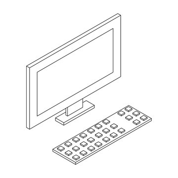 Personal computer. LCD minotor and keyboard. Outline vector drawing illustration