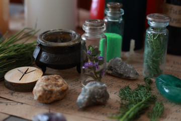 magic ritual with runes and pentagram and magical attributes