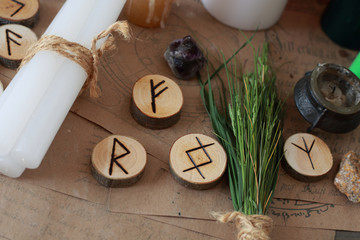 magic ritual with runes and pentagram and magical attributes