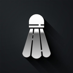 Silver Badminton shuttlecock icon isolated on black background. Sport equipment. Long shadow style. Vector Illustration