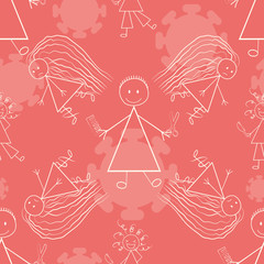 Bad hair cut Covid 19 quarantine vector seamless pattern. Funny pink backdrop of scribble drawings of women with tangled styles and coronavirus motif. All over print for isolation self care concept.