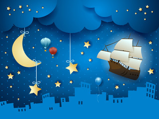 Fantasy skyline with flying ship and hanging moon © Luisa Venturoli