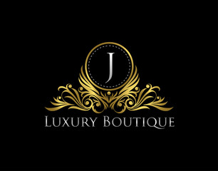 Premium Golden Badge J Letter Icon. Luxury Gold Boutique Logo Vector Design.  