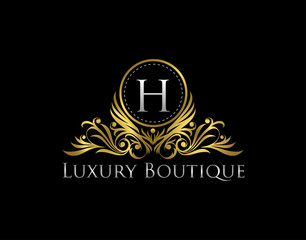 Premium Golden Badge H Letter Icon. Luxury Gold Boutique Logo Vector Design.  