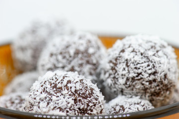 Close up of coconut balls in a bowl