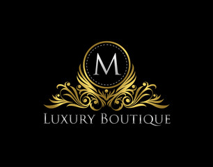 Premium Golden Badge M Letter Icon. Luxury Gold Boutique Logo Vector Design.  