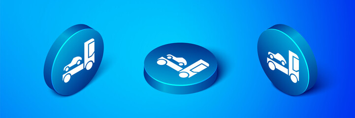 Isometric Car transporter truck for transportation of car icon isolated on blue background. Blue circle button. Vector Illustration