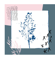 Vector botanical illustration of a plant. Ink monoprint of a leaf with hand drawn textures and marks. Abstract background in grunge style. Design of a postcard, poster or invitation.