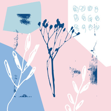 Vector botanical illustration of a plant. Ink monoprint of a leaf with hand drawn textures and marks. Abstract background in grunge style. Design of a postcard, poster or invitation.