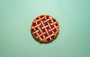 Blueberry pie top view. Lattice crust cake homemade