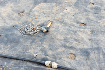 Preparing a ground with mesh to prevent weeds from growing and installing drip irrigation