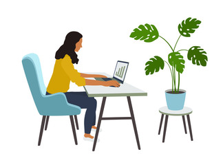Fototapeta na wymiar Home office concept. Woman work from home with notebook. Modern workplace for student, freelancer, business. Online manager, internet working. Girl worker. Stay at home. Cartoon vector illustration.