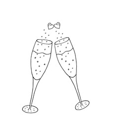 Two glasses of wine, champagne, bubble drink. Two hearts as a symbol of love. Doodle vector illustration. Black lines on a white background.