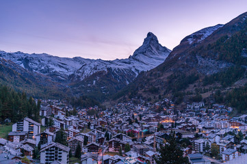 Aerial View on Zermatt Valley and Matterhorn Peak in the evening, Switzerland