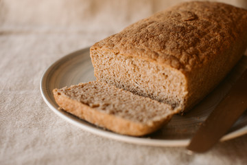 Rustic homemade baked bread. Organic and healthy gluten free bread .	