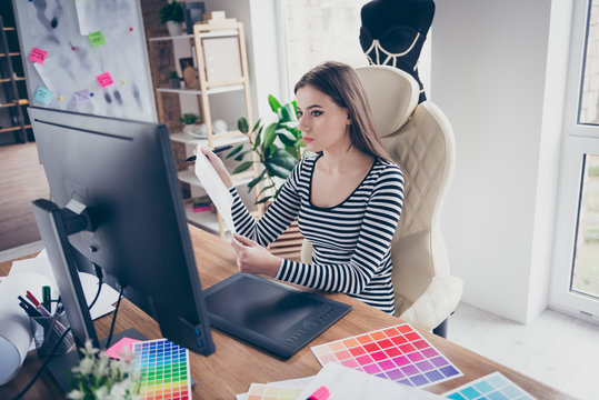 Portrait Of Her She Nice Attractive Focused Serious Creative Seamstress Needlewomen Creating New Garment Collection Personal Brand Trend Color Looking At PC Monitor At Workplace Workstation