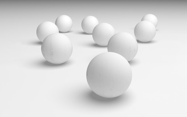 White abstract background. Set of white balls isolated on white backdrop. 3D illustration