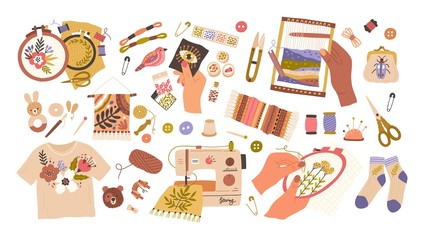 Set of embroidery and weaving vector flat illustration. Collection of different type handmade creative hobby isolated on white. Sewing with beads, floss thread, stitch fancywork, machine embroidery