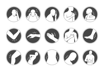 human body pain icon set, flat design in circle frame