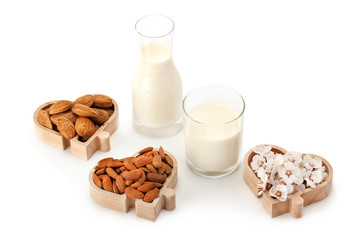 Almond milk and almonds .Vegan food.